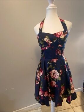 Navy Floral Halter Fit-and-Flare Dress